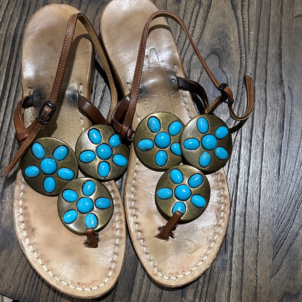 Brown Leather Sandal with Turquoise Medallions